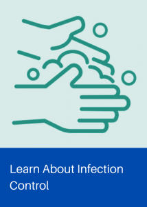 Icon of handwashing with words that say Learn About Infection Control