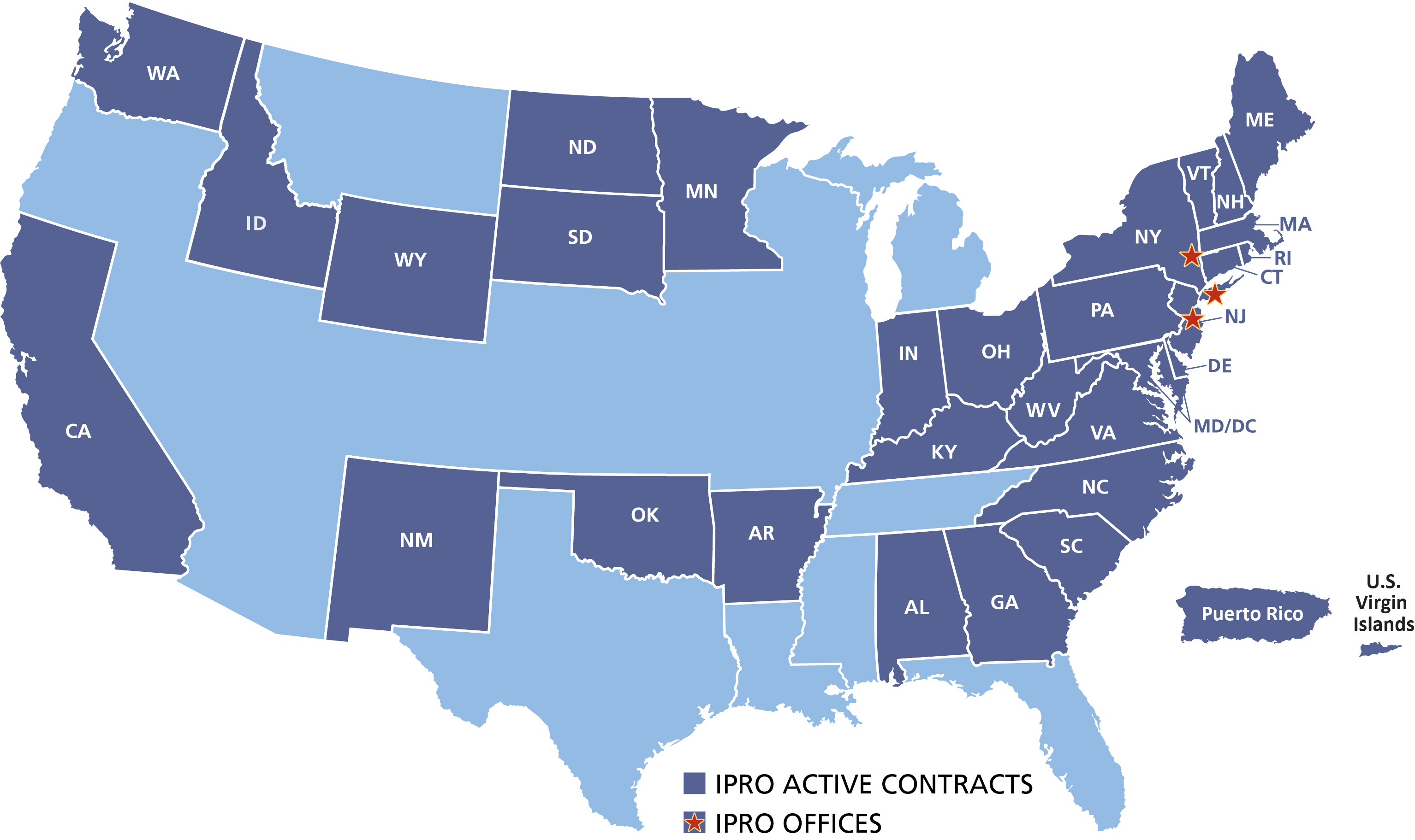 Map of the United States showing states where IPRO holds major contracts as well as locations of its offices in Jericho, NY, Albany, NY and Hamilton, NJ