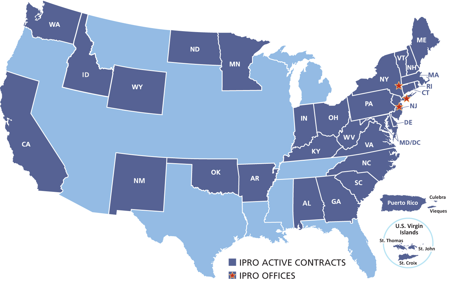 Map of the US with the states in which IPRO holds contracts highlighted